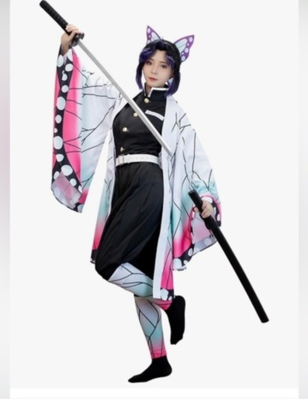 Anime Butterfly Haori and Leggings Set - White, Pink, Aqua